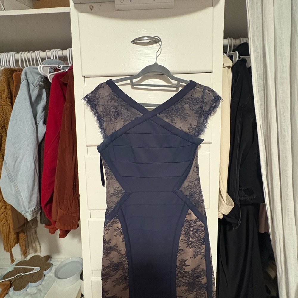 BCBGMaxAzria Navy Lace Midi Dress